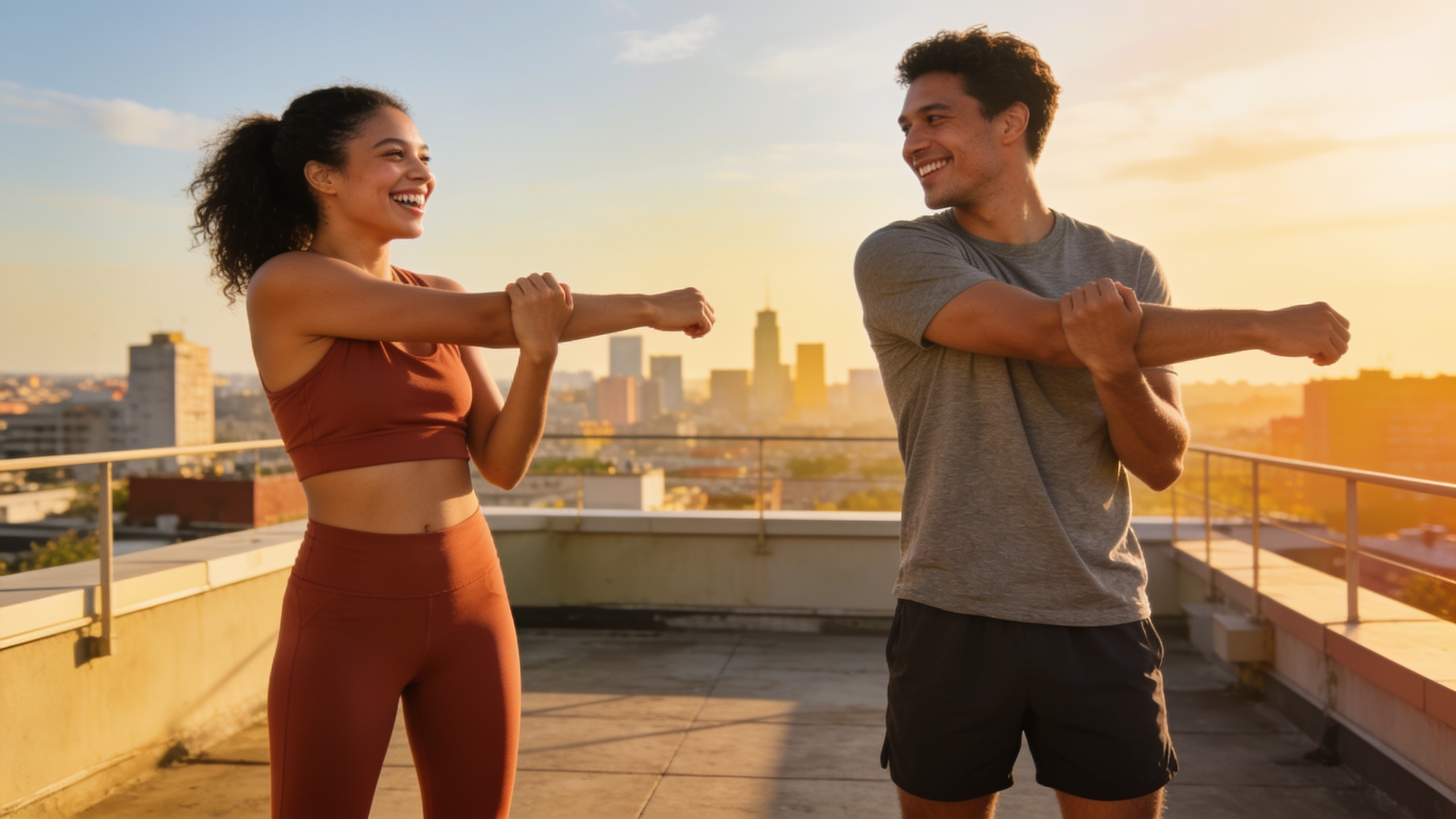 Two friends stretching on a rooftop terrace