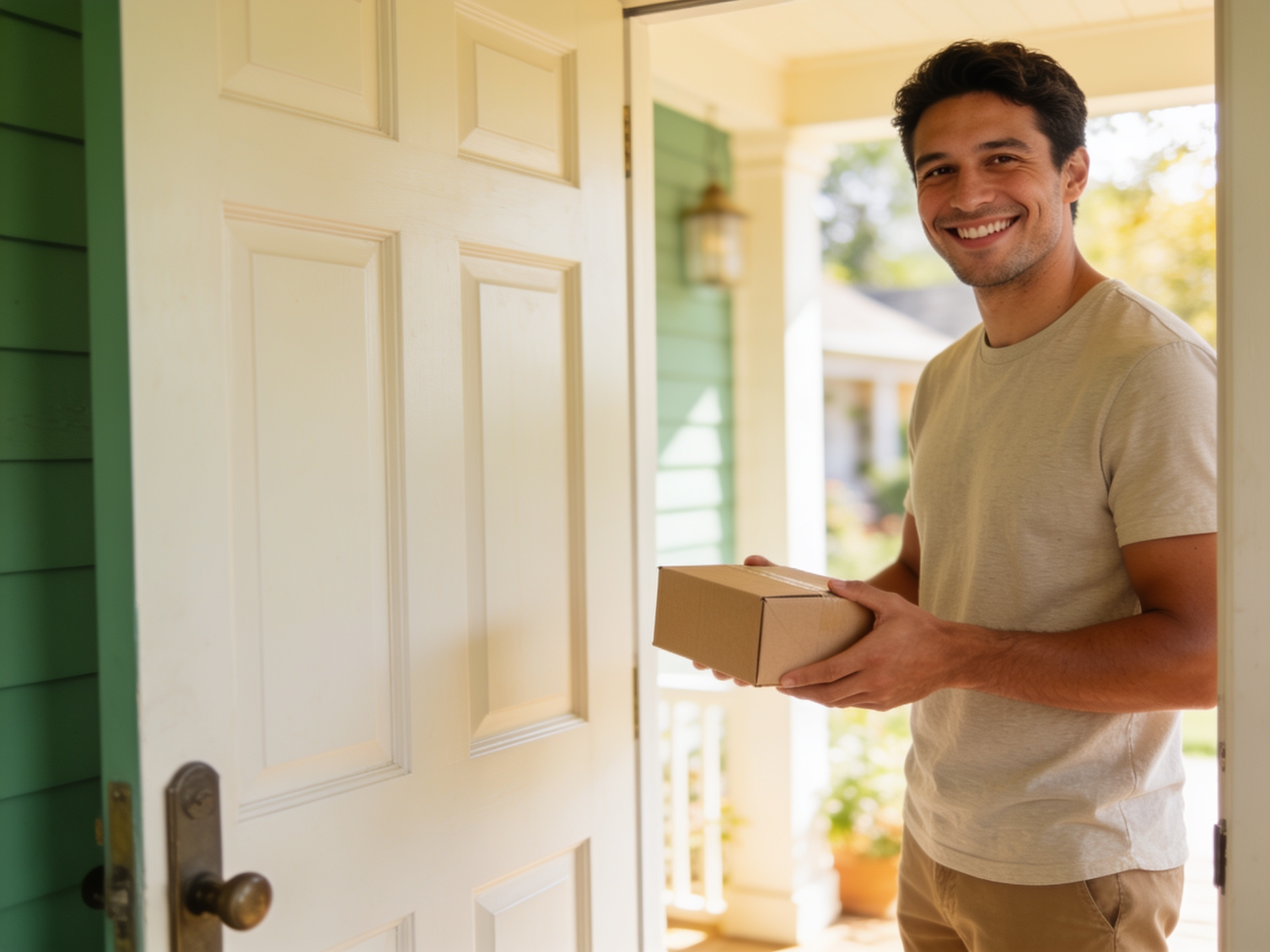Man receiving a discreet delivery at his door